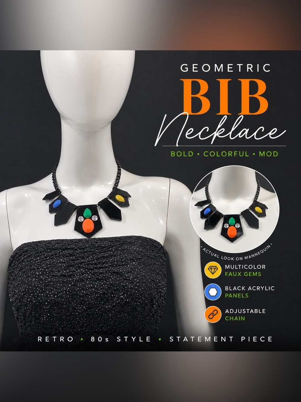 Geometric Black Bib Necklace Multicolor Gem Rhinestone Statement Mod Retro Style